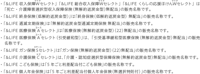 �E�u&LIFE �����ۏ�W�i���C�h�j�Z���N�g�v�u&LIFE ���������ۏ�W�i���C�h�j�Z���N�g�v�u&LIFE ���炵�̉����ق���W�i���C�h�j�Z���N�g�v�́u���S�E����Q�I���^�����ۏ�ی��i�����Ԗߋ��^�j���z���v�̔̔����̂ł��B�E�u&LIFE �I�g�ی��i����Ԗߋ��^�j�v�́u�I�g�ی��i����Ԗߋ��^�j ���z���v�̔̔����̂ł��B�E�u&LIFE ��������ی��v�́u�����Ԗߋ��^��������ی� ���z���v�̔̔����̂ł��B�E�u&LIFE ��Õی�A�i�G�[�X�j�Z���N�g�v�́u��Õی��i�����Ԗߋ��^�j�i22�j���z���v�̔̔����̂ł��B�E�u&LIFE ��Õی�A�i�G�[�X�j�Z���N�g�i����ɘa�^�j�v�́A�u�����ɘa�^��Õی��i�����Ԗߋ��^�j���z���v�̔̔����̂ł��B�E�u&LIFE �K���ی�S�i�X�}�[�g�j�Z���N�g�v�́u�K���ی��i�����Ԗߋ��^�j�i22�j���z���v�̔̔����̂ł��B�E�u&LIFE ���ی�C�i�P�A�j�Z���N�g�v�́A�u���E�F�m�ǑI���^�ۏ�ی��i�����Ԗߋ��^�j���z���v�̔̔����̂ł��B�E�u&LIFE ���ǂ��ی��v�́u5�N���Ɨ����z���t���ǂ��ی��v�̔̔����̂ł��B�E�u&LIFE �l�N���ی��v�́u5�N���Ɨ����z���t�l�N���ی��i���I������t�j�v�̔̔����̂ł��B